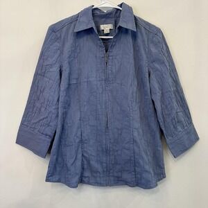 VTG‎ Women's Christopher & Banks Blue Button Up Blouse Textured Medium Cotton